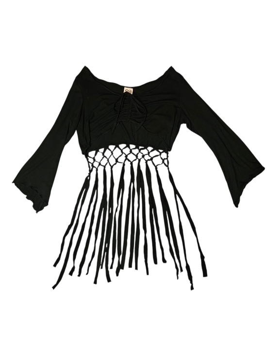 Bolli Imports Tops - Bolli Imports NWT Black Macrame Fringe Back Bell Sleeve Crop Top